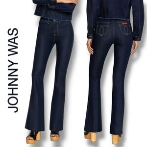 JOHNNY WAS Rue De La Flare Jean Dark Blue Flare Wide Leg Jeans in the Size 33
